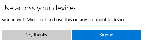 Windows 10 store dialog asking if you would like to sign in.