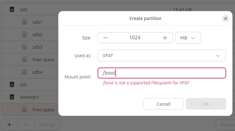 Create partition window showing error message which reads /boot is not a supported filesystem for VFAT.