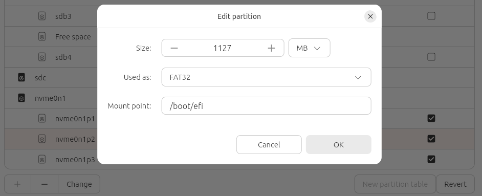 Edit partition only has size, filesystem, and mount point.
